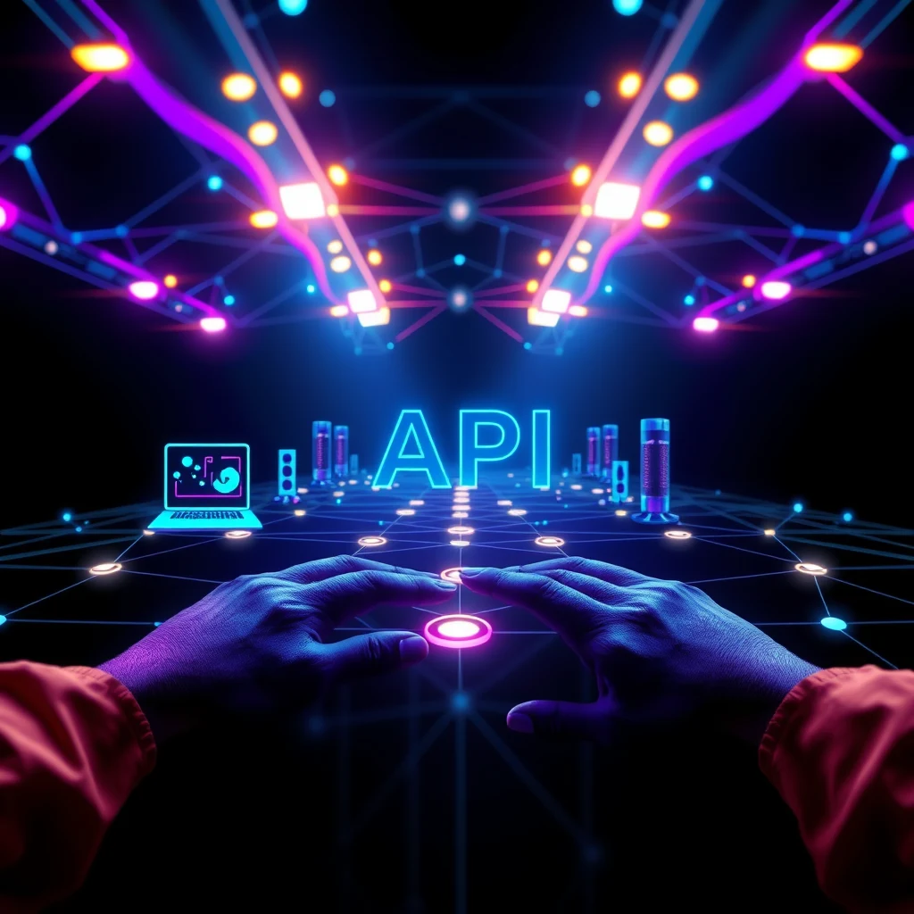 Futuristic gaming API ecosystem connecting websites, mobile apps and secure servers